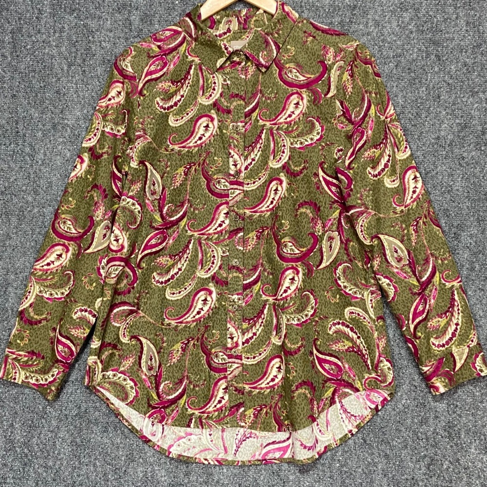 Chico's Paisley Corduroy Long Sleeve Button Up Shirt Size 1(M-8)Olive Green Pink